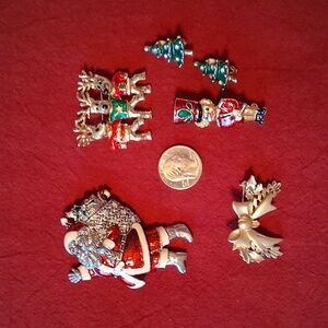 Festive Holiday Brooch Set - Red, Green, Silver